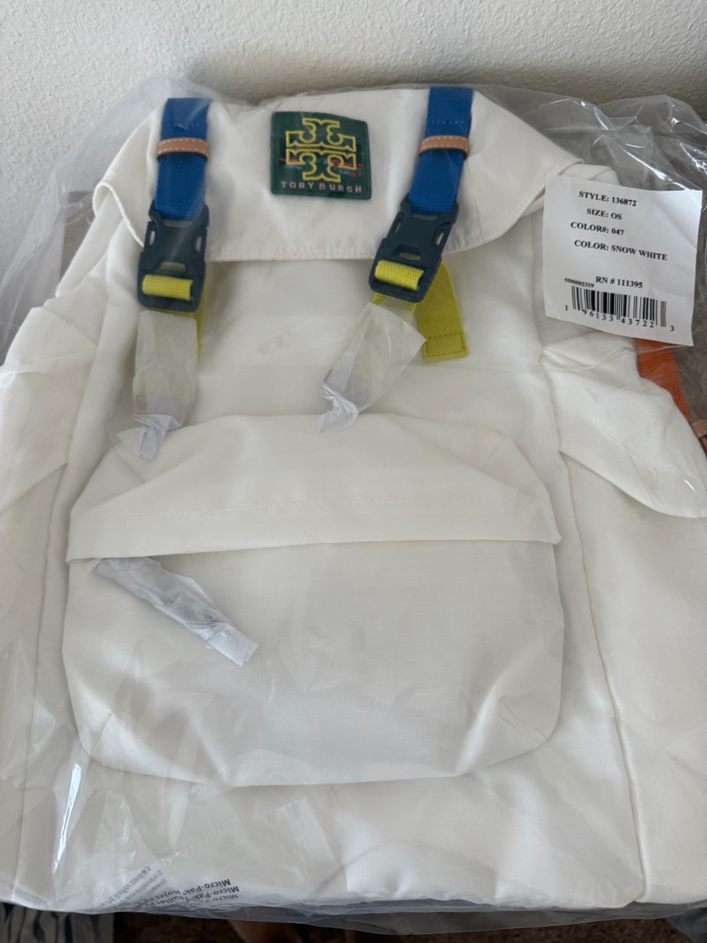 Tory Burch White Nylon Backpack with Blue and Yellow Accents